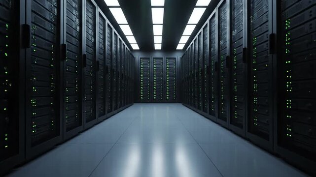 Modern Server Room with Rows of Racks and Blinking Green Lights, Data Center
