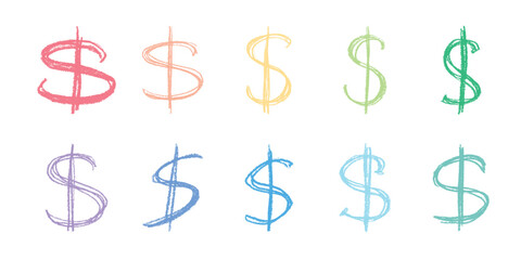 Set of hand drawn dollar currency symbol. Brush stroke doodle. Single element for design