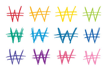 Set of hand drawn won currency symbol. Brush stroke doodle. Single element for design