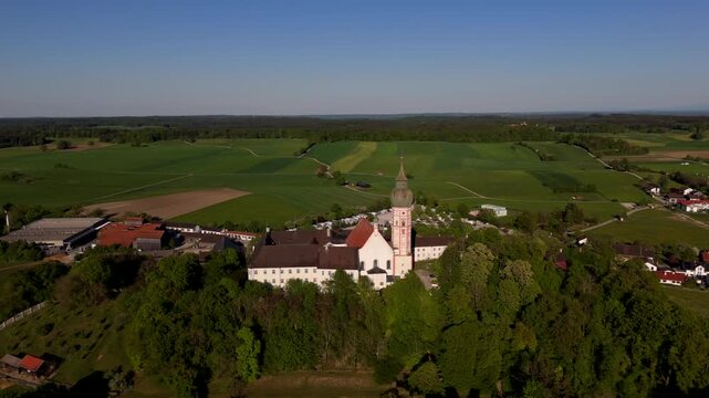 Panoramic view of Kloster Andechs, municipality of Andechs, Upper Bavaria. Baroque pilgrimage church, Benedictine tradition, monastery brewery, and scenic countryside near Munich