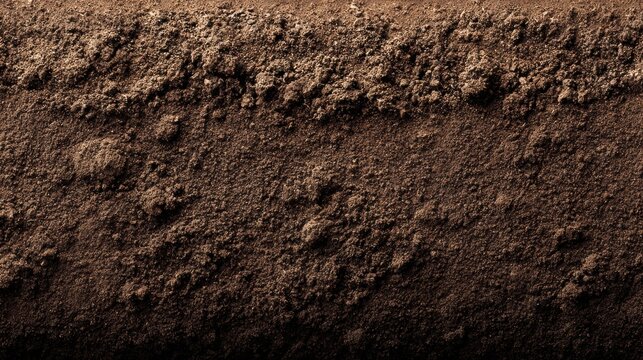 Macro view of brown fertile soil surface with natural rough texture. Organic garden earth background for farming, planting and cultivation