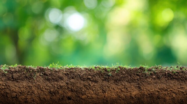 Layered garden soil with fresh green sprouts against blurred nature background. Close-up of fertile earth profile. Gardening, planting, organic growth and agriculture concept
