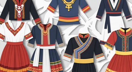 Fototapeta premium Vibrant traditional clothing collection with intricate designs and colorful patterns on display
