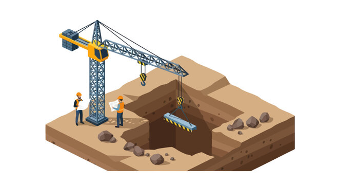 Isometric Construction Site with Crane and Workers Digging Trench.