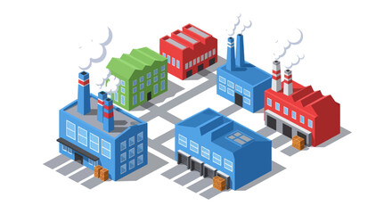 Isometric factories industrial complex with chimneys and smoke.