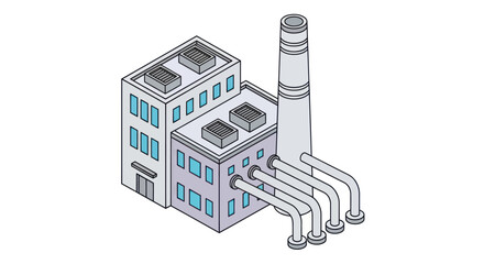 Isometric Factory Building with Chimney and Pipes.