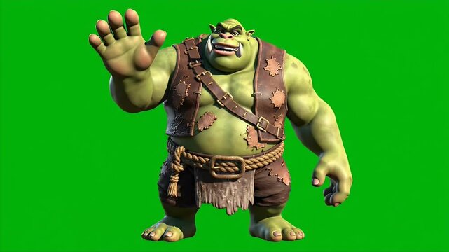 Green cartoon orc or ogre character with tattered clothes, standing on a green screen, fantasy creature.