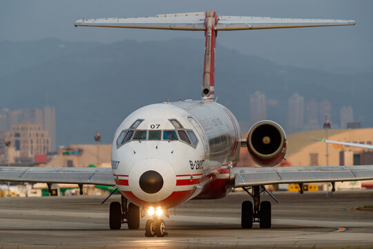 Taipei, Taiwan - 2018 April 18: A Far Eastern Air Transport McDonnell Douglas MD-82 aircraft (registration B-28007) taxis on the taxiway at Taipei Songshan Airport.