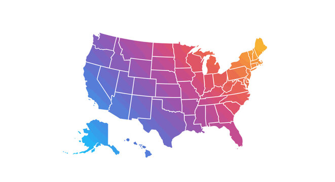 Modern United States map illustration showcasing all states with a vibrant, eye-catching color gradient from cool blues to warm reds, ideal for geographical and travel concepts