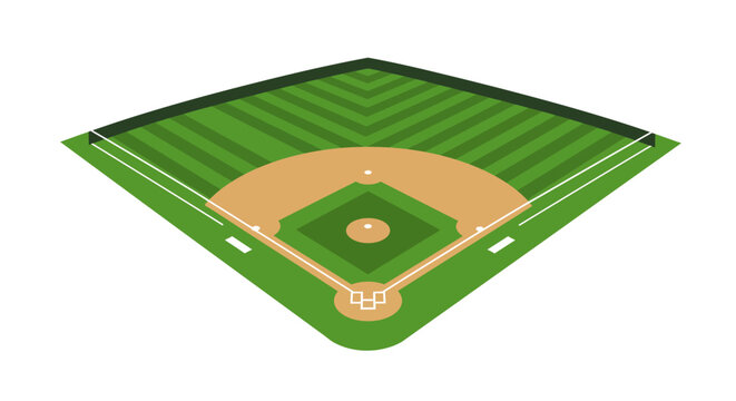 Pristine baseball diamond vector illustration. Top-down view of a vibrant green grass field and brown dirt infield, representing a classic outdoor sports venue, perfect for game graphics
