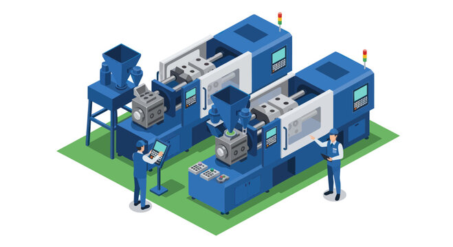 Isometric illustration of two industrial injection molding machines with workers.