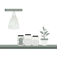 Minimalist kitchen shelf with reusable bag and jars