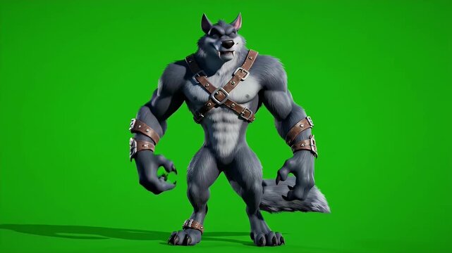 Muscular cartoon werewolf character with fierce expression and leather straps, standing on a green screen, fantasy beast.