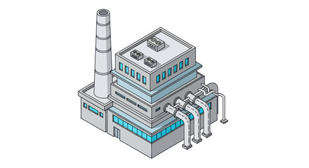 Isometric Industrial Factory Building with Chimney and Pipes.