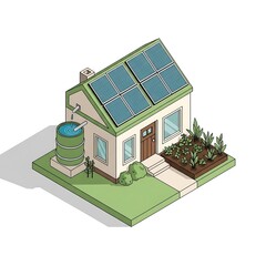 Eco friendly house with solar panels and rainwater collection system