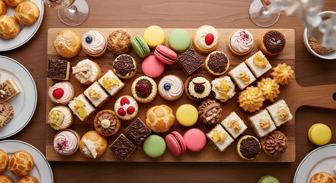Assortment of colorful mini desserts and pastries on a wooden serving board