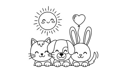 Black and white line art animals with sun and heart balloon vector isolated on transparent background