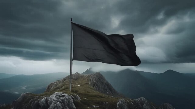 A solitary black flag waves dramatically atop a rugged mountain peak under a stormy, overcast sky, creating a powerful and evocative scene