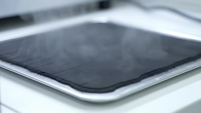 Close-Up Shot of Black Rectangle with Condensation on Shiny Silver Tray Under Bright Lighting