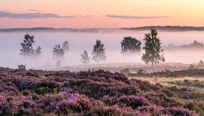 Obraz premium Nebel über stiller Moorlandschaft im Morgengrauen