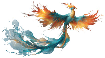 Obraz premium Elemental phoenix combining fire wings, water tail and stone body, epic fantasy creature, isolated on a white background