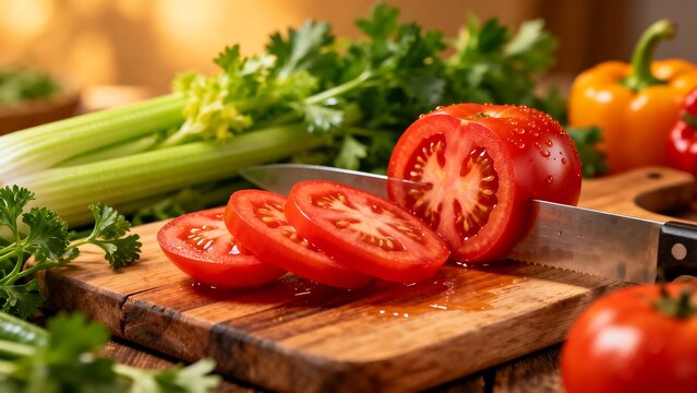 Sliced tomatoes and vegetables on cutting board