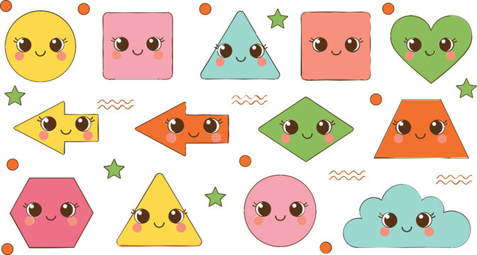 Cute kawaii geometric shapes vector illustration set with smiling faces, colorful cartoon characters and playful elements for kids, education, stickers and learning design