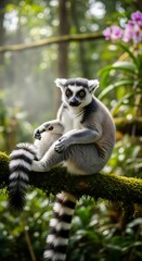 Fototapeta premium Ring-tailed lemur perched on a mossy branch in a lush forest setting.