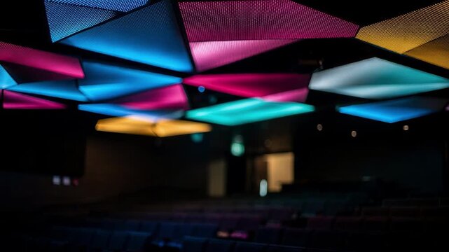 Midrange view of multicolored LED lights creating dynamic color scenes on auditorium ceiling panels sharp focus on light sources with blurred audience seats behind.