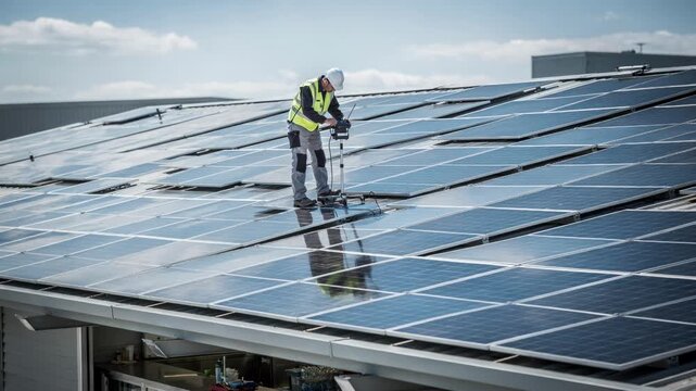 Daytime medium shot focusing on the concession roofs solar panels with a technician inspecting the system for optimal performance.