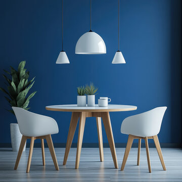Modern dining room blue wall white chair round table wooden furniture pendant lamp indoor plant minimalist design Scandinavian style cozy interior Modern dining room with blue wall and white chair