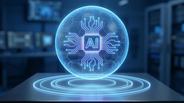 Artificial intelligence bubble concept with glowing chip and circuit symbolizing financial market speculation risk, economic crisis with charts and technology background
