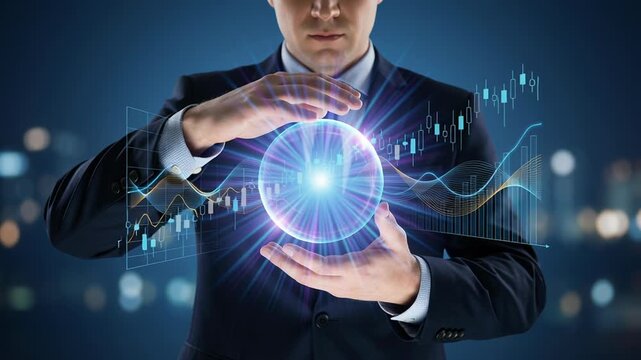 AI bubble financial charts risk market speculation economic crisis concept with businessman analyzing data showing rising graph lines and bubble effects in futuristic setting