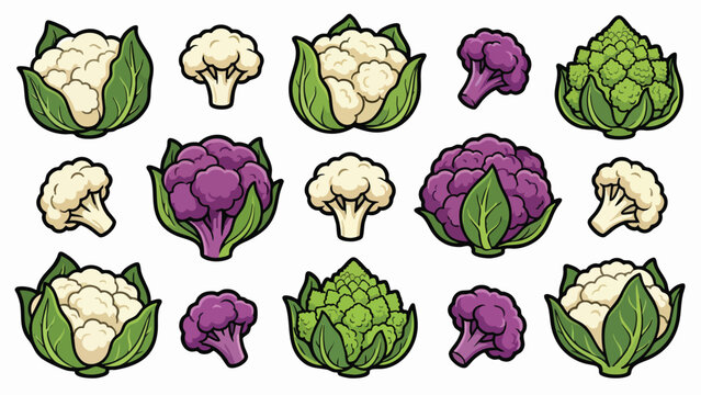 Cauliflower Vector Set with White Purple and Green Cauliflower Variations