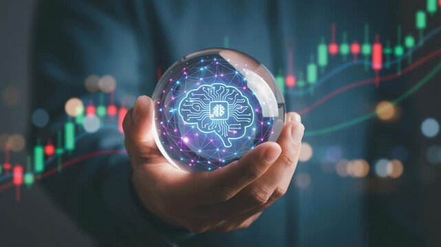 AI bubble financial charts risk market speculation economic crisis concept with hand holding glass and digital brain chip symbolizing financial market