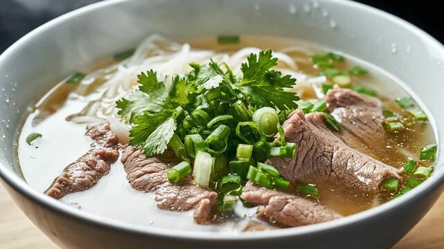 Steaming Bowl of Vietnamese Pho Bo with Beef, Noodles and Fresh Herbs
