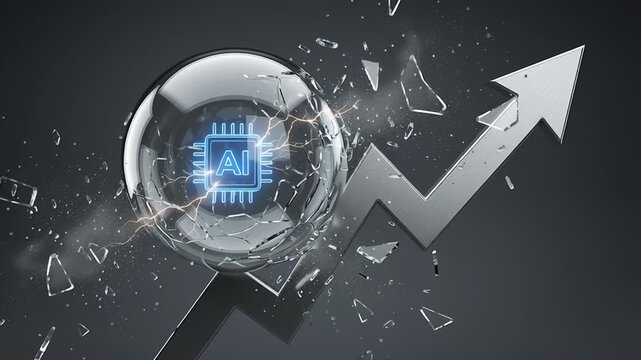 AI bubble breaking over financial charts with market speculation, risk, and economic crisis shown in shattered glass sphere and rising arrow symbolizing volatility and growth trends