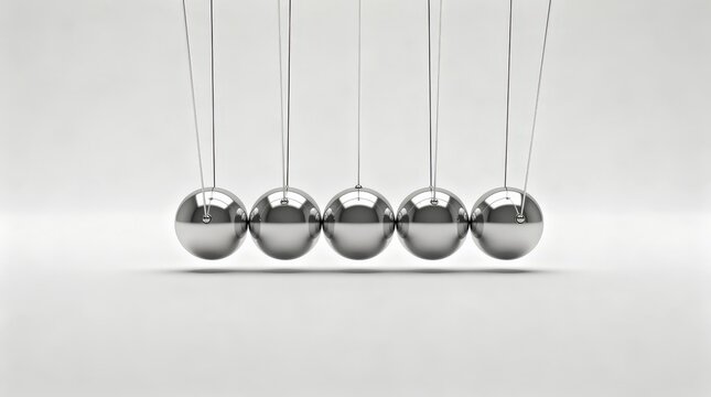 A Newton's cradle with five shiny metallic spheres demonstrating the principles of momentum and energy transfer.