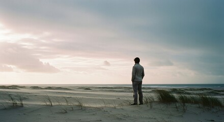 Man Gazing at Ocean Sunset Beach Reflection Calmness Serenity Mindfulness Coastal Wellbeing