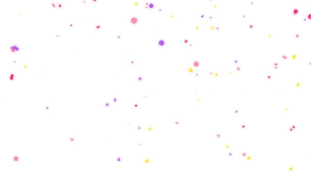 White background animation with scattered multicolored shapes including circles, triangles, and rectangles forming playful motion