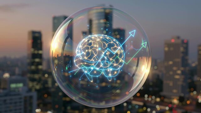 Artificial intelligence bubble with glowing brain and financial charts illustrating market speculation risk, economic crisis over cityscape showing AI crisis concept