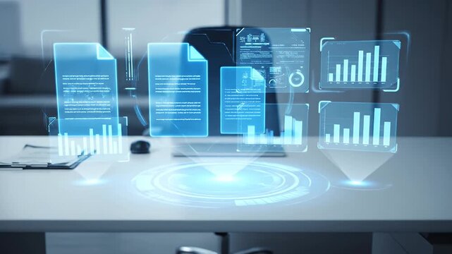 Holographic Data Projection Over Desk with Graphs and File Icons in Minimalist Office Setting in