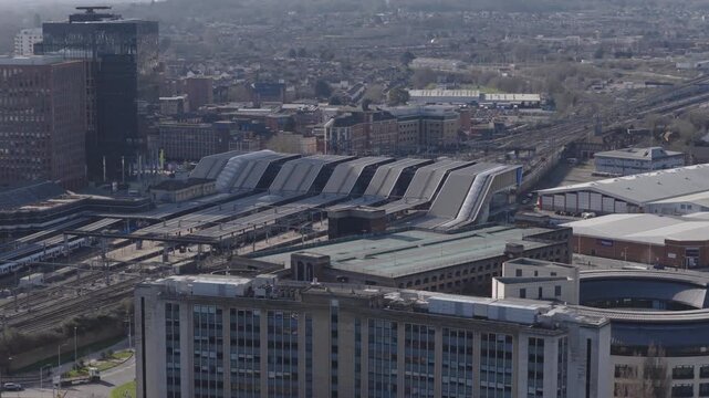 Aerial view of Reading train station, large transport hub in the South of England. Public transportation and rail concept