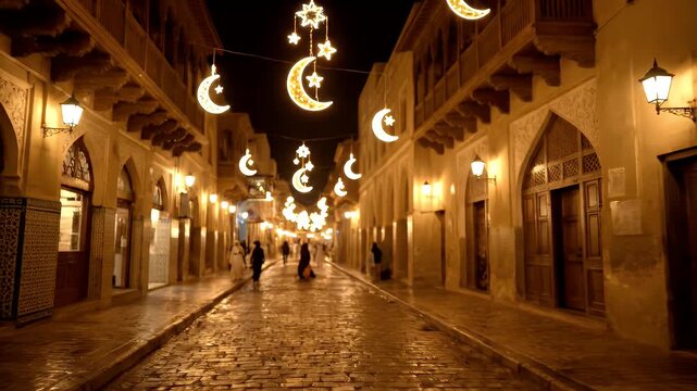 Illuminated Street with Crescent Moon Decorations at Night in Al Ula Old Town