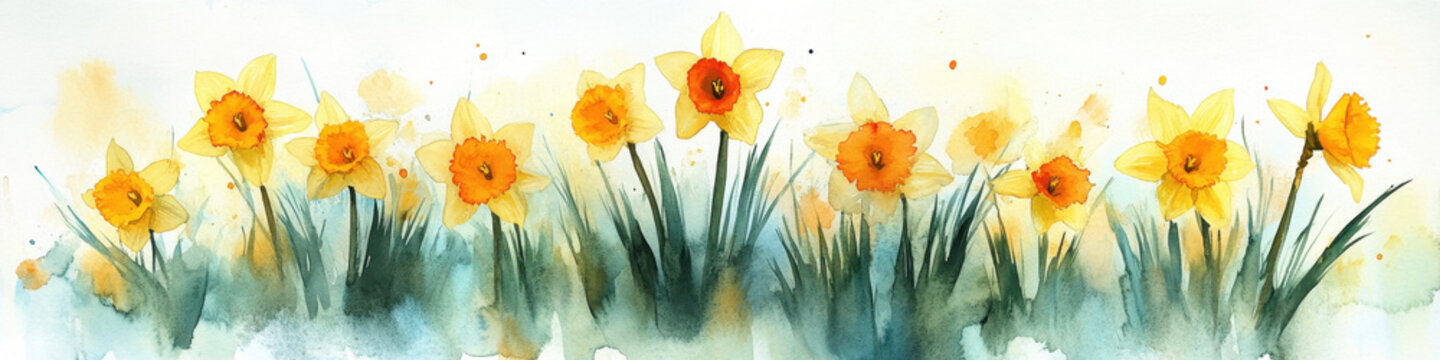 Watercolor daffodil flower spring floral border yellow blossom meadow orange center petal garden grass field nature illustration art pastel color painting botanical design banner