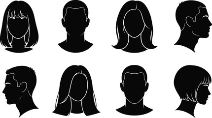 Set of male and female head silhouette avatars, front and side view profile portraits isolated on white background vector © Arman