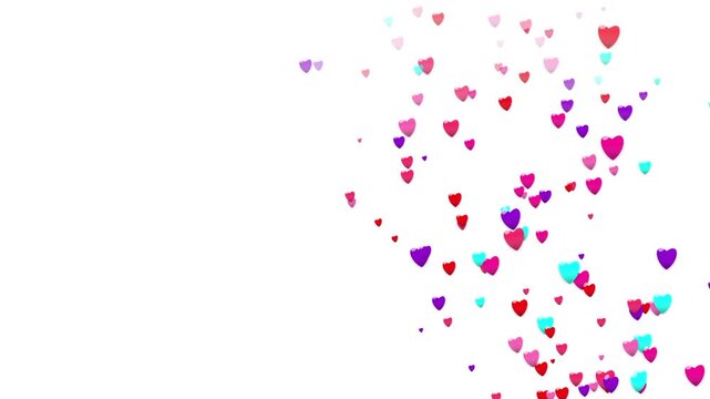 White background animation with scattered pink, red, and purple heart shapes forming dynamic motion