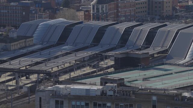 Aerial view of Reading train station, large transport hub in the South of England. Public transportation and rail concept