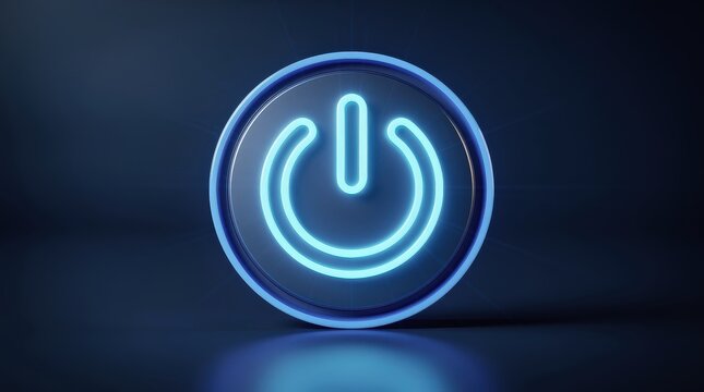 A glowing blue neon power button icon glowing in a dark environment, symbolizing technology and activation.