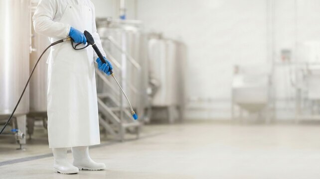 Worker in protective gear uses a high-pressure washer for industrial cleaning and sanitation in a modern food processing plant.
